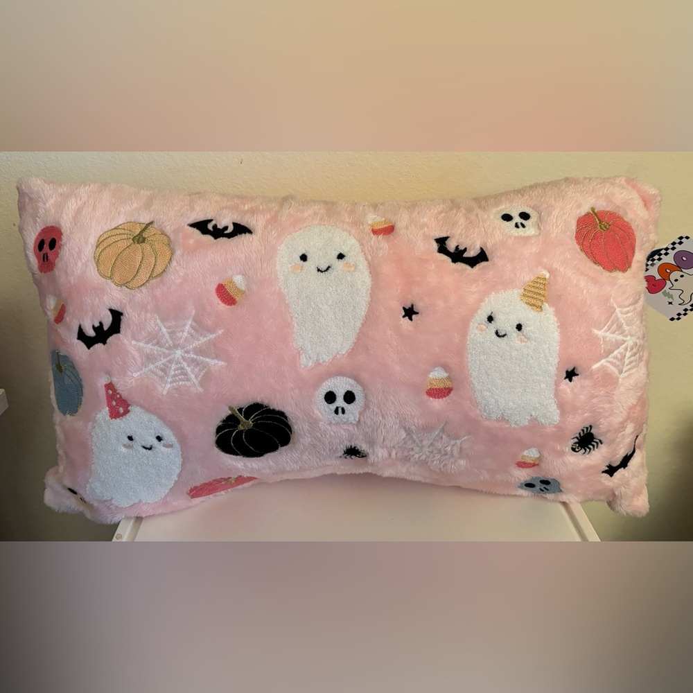 NWT Pink Plush Halloween Pillow w/ Ghosts, Pumpkins, Bats, Candy Corn, Webs